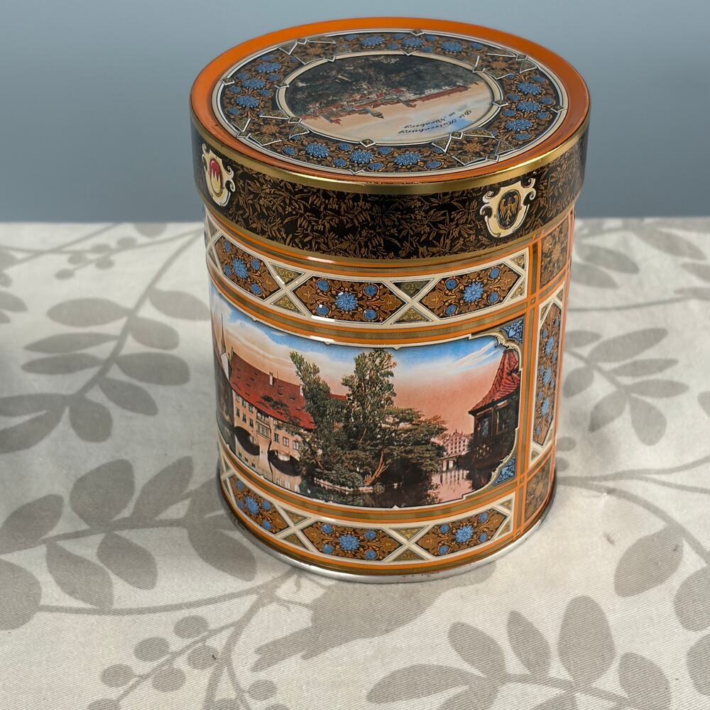 Grannycore German Cookie tin Decor City Scene Shelf cottagecore